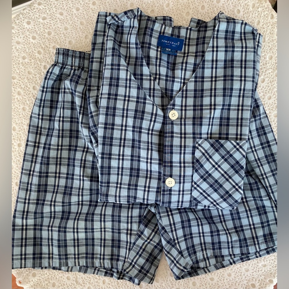 Towncraft Men’s Shorts Pajamas Set - Blue Plaid - Medium - New